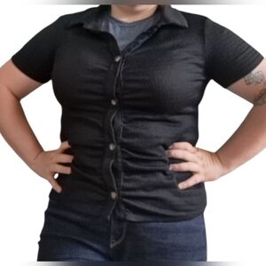 Faith and Joy Black Button-Up Ruched Shirt (XL)